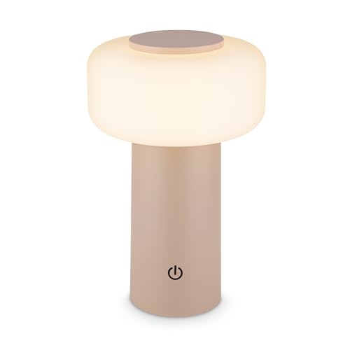 BRILONER - Lampara de mesa sin cable LED IP44 con control táctil, regulable, batería intercambiable, lampara mesita noche sin cable, lampara mesa LED recargable, 13x20,6 cm, beige
