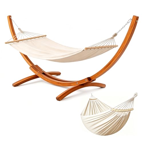 BELONID Hamaca con Soporte de Madera, Incluye 2 Hamacas, Carga 200 kg, 320x120x120 cm, Estructura Arqueada Estable de Madera, Altura Ajustable, para Jardín, Terraza y Balcón