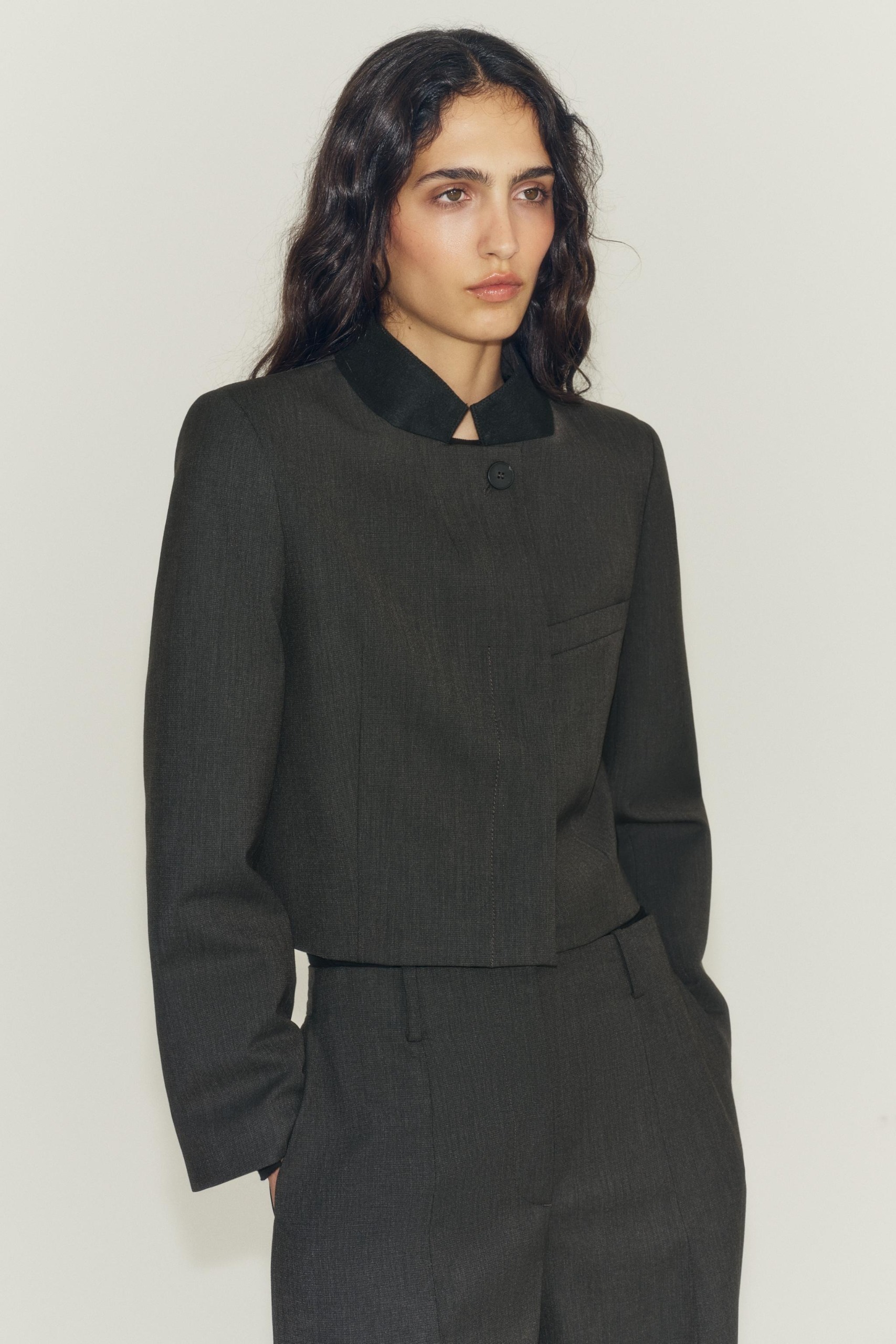 ZARA, Zw Collection 撞色領短款西裝外套 - 棕色 - Xs