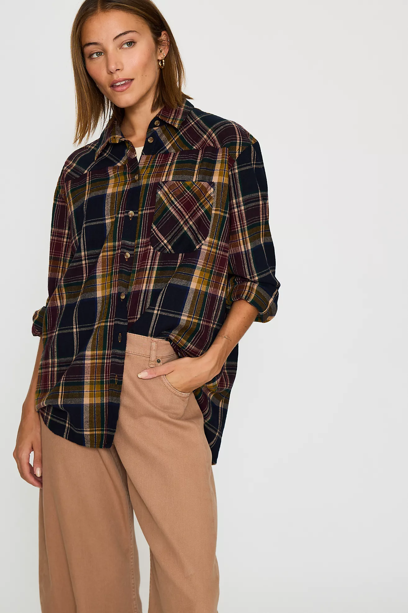 By Anthropologie 100% 棉長袖格紋襯衫