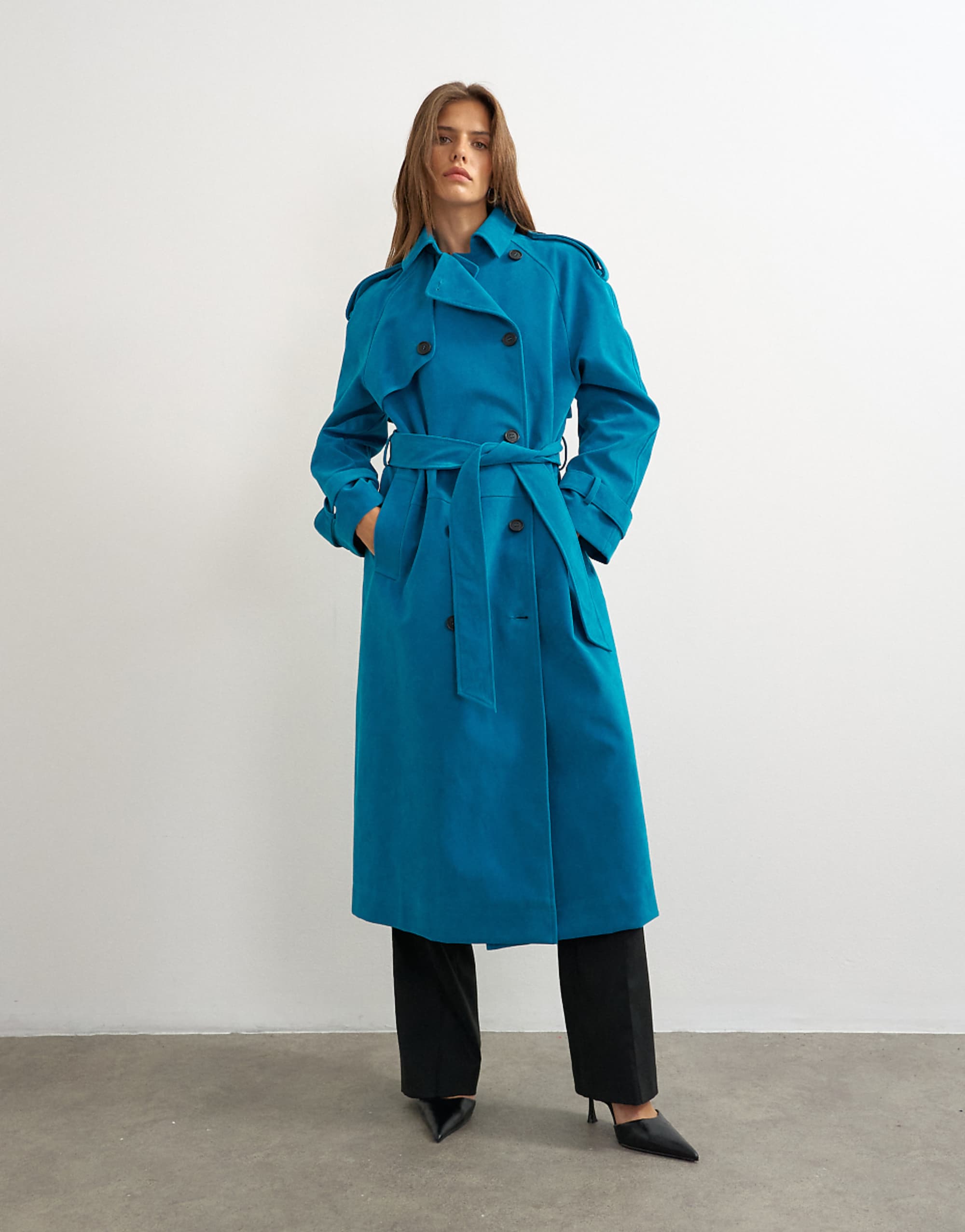 Topshop 藍色長款超大仿麂皮風衣