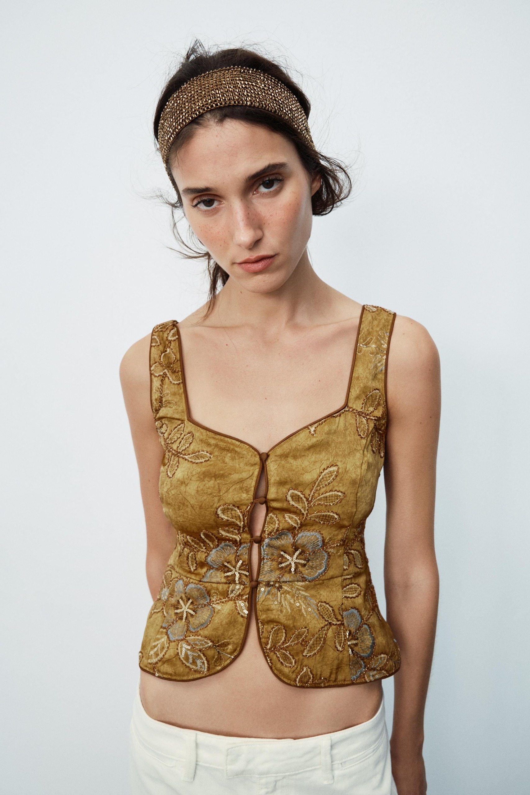 ZARA，串珠刺繡背心上衣 - 赭色 - S