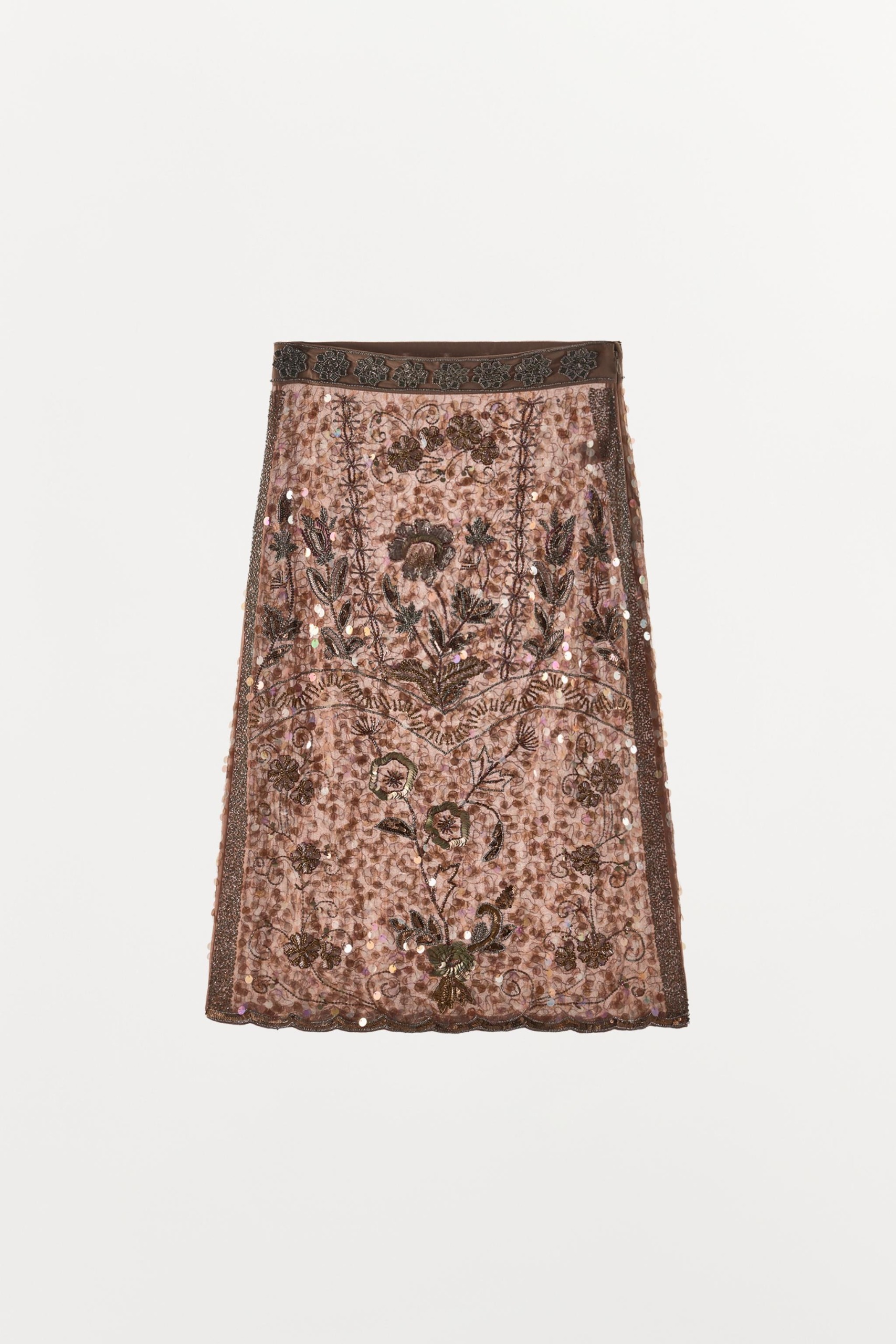 ZARA，限量版刺繡串珠中長裙 - 磚色 - S