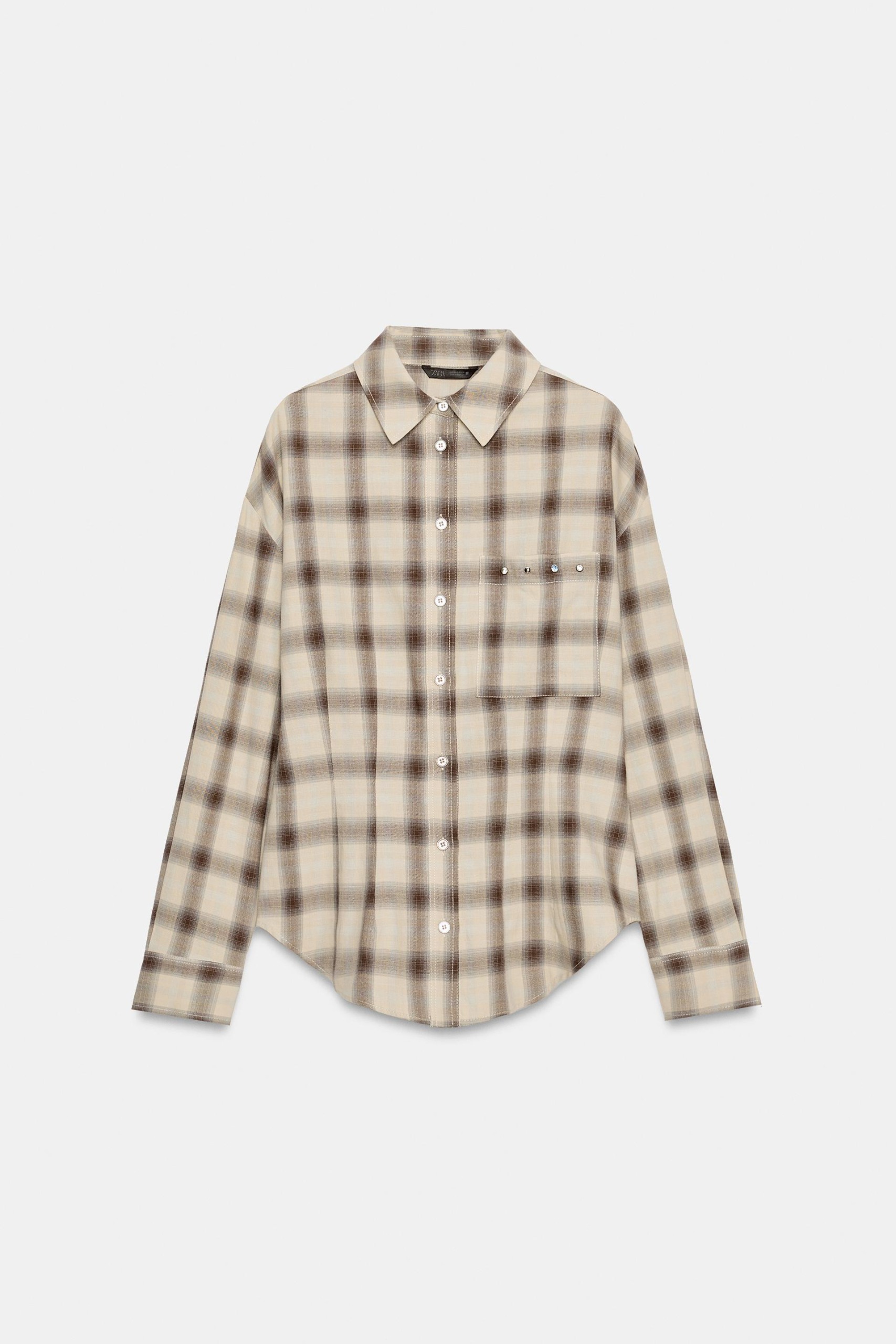 ZARA，格紋鉚釘襯衫 - 棕藍色 - Xs