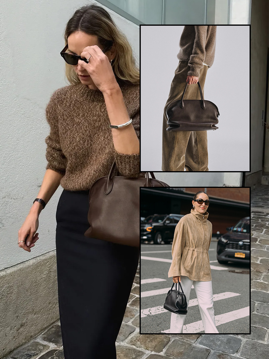 身穿 The Row Agnes Bag 的女士接受評論。