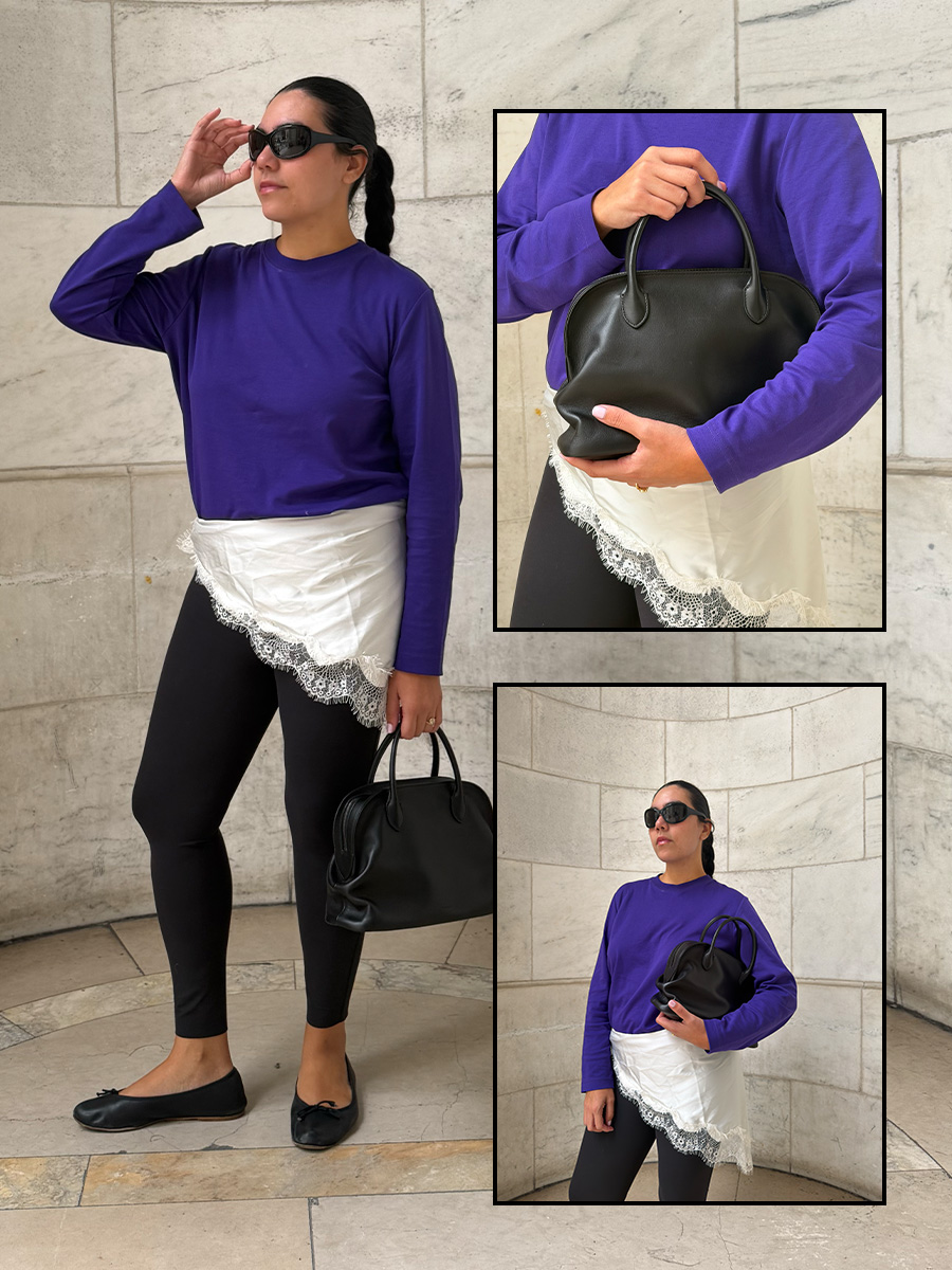 身穿 The Row Agnes Bag 的女士接受評論。