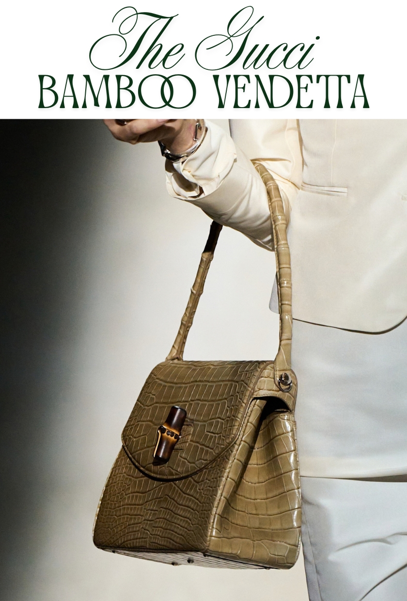 2026 秋冬 it bag：模特兒背著駝色仿鱷魚紋 gucci 竹節包走上 AW26 秀場