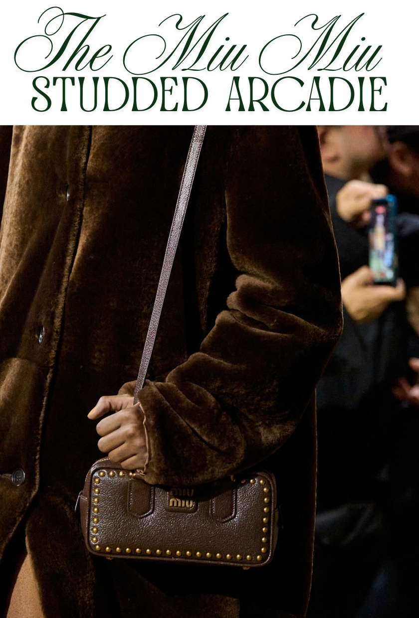 2026 秋冬 it bag：模特兒在 AW26 秀場上背著棕色 miu miu 鉚釘 arcadie 包