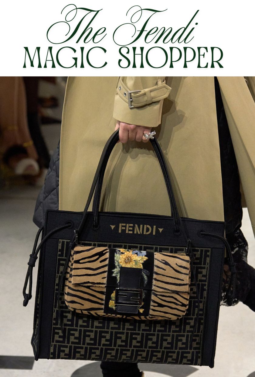 2026 秋冬 it bag 模特兒身穿駝色大衣，手拿黑色 fendi 魔法購物袋和動物印花法國包