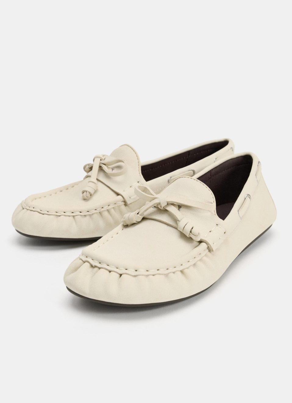 ZARA，皮革褶皺平底樂福鞋 - 白色 - 2