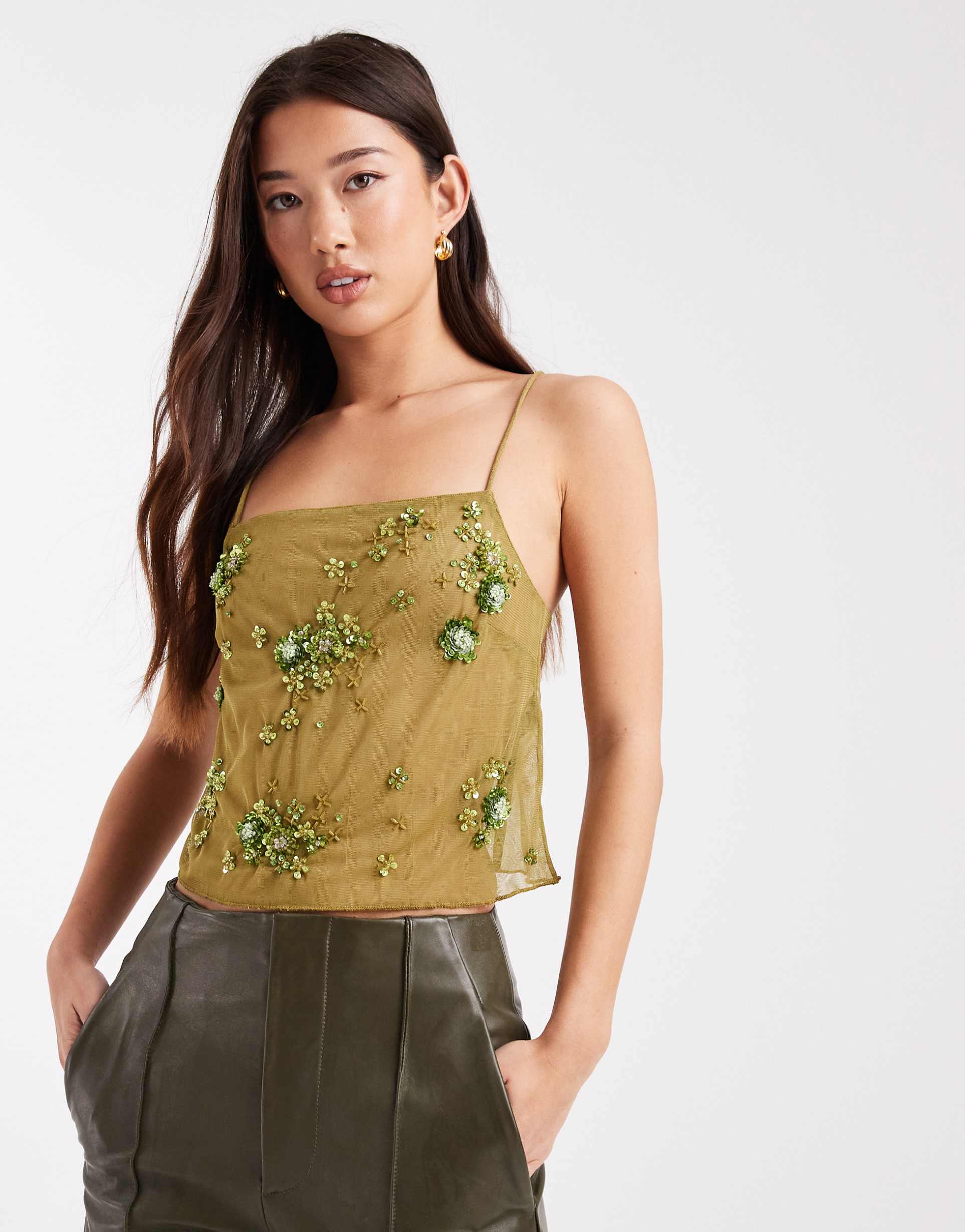 ASOS DESIGN，Asos Design 橄欖色分散亮片網眼吊帶上衣