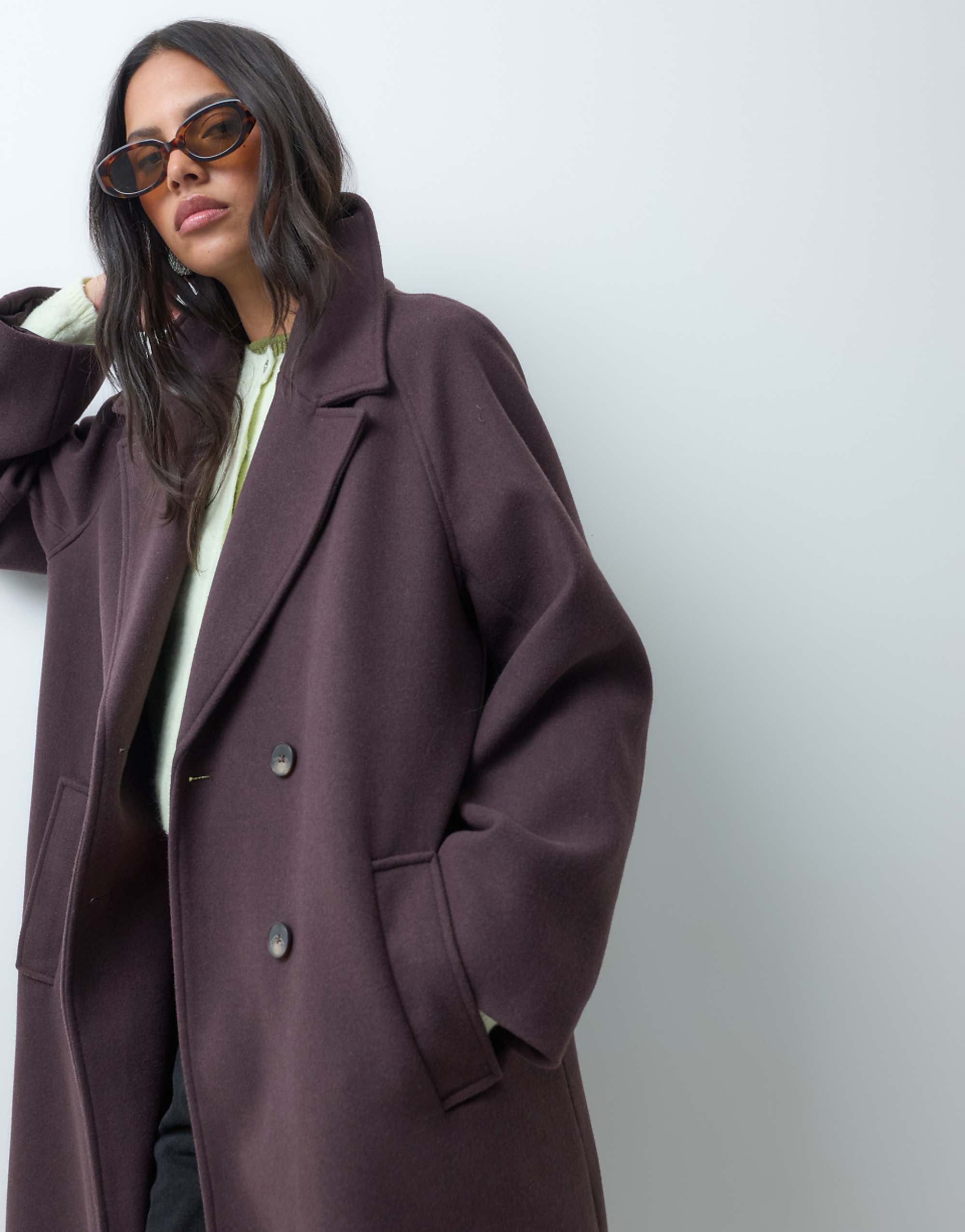 Asos Design 巧克力梅子色長款雙排扣大衣