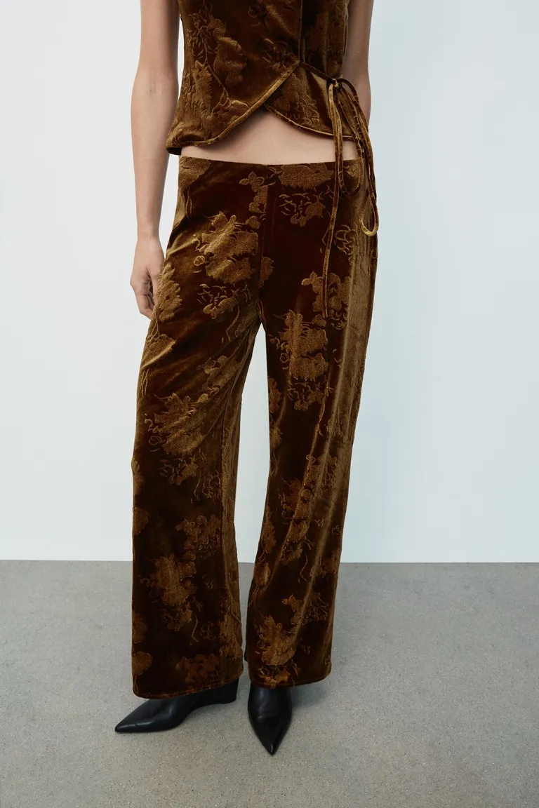 ZARA，天鵝絨印花長褲 - 棕色/綠色 - S