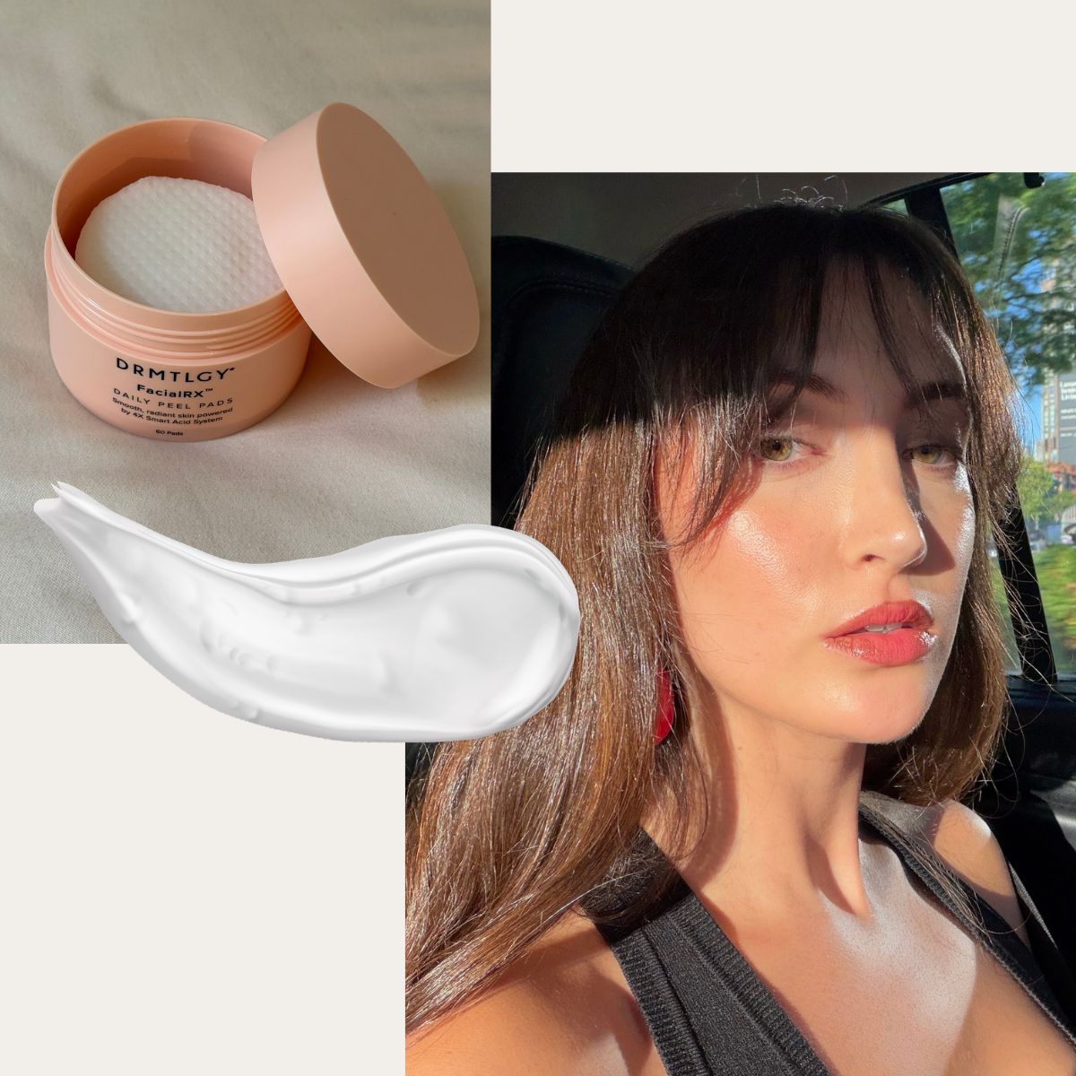 Who What Wear 美容副編輯 Alyssa Brascia 使用 Drmtlgy FacialRX Daily Peel Pads 後的照片拼貼。