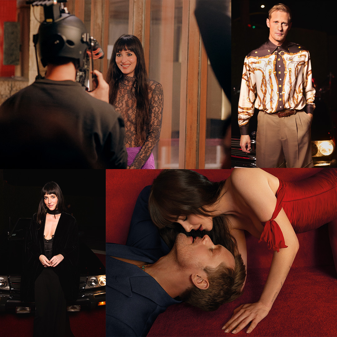 達科塔·約翰遜 (Dakota Johnson) 和亞歷山大·斯卡斯加德 (Alexander Skarsgård) 為 Valentino 的 Vendetta 廣告活動拼貼 