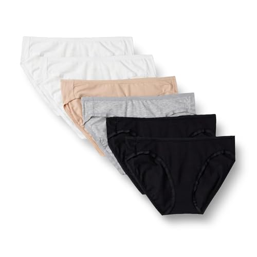 Amazon Essentials 女款標準棉質彈性比基尼內褲，6 件裝內衣，中性色混裝，M