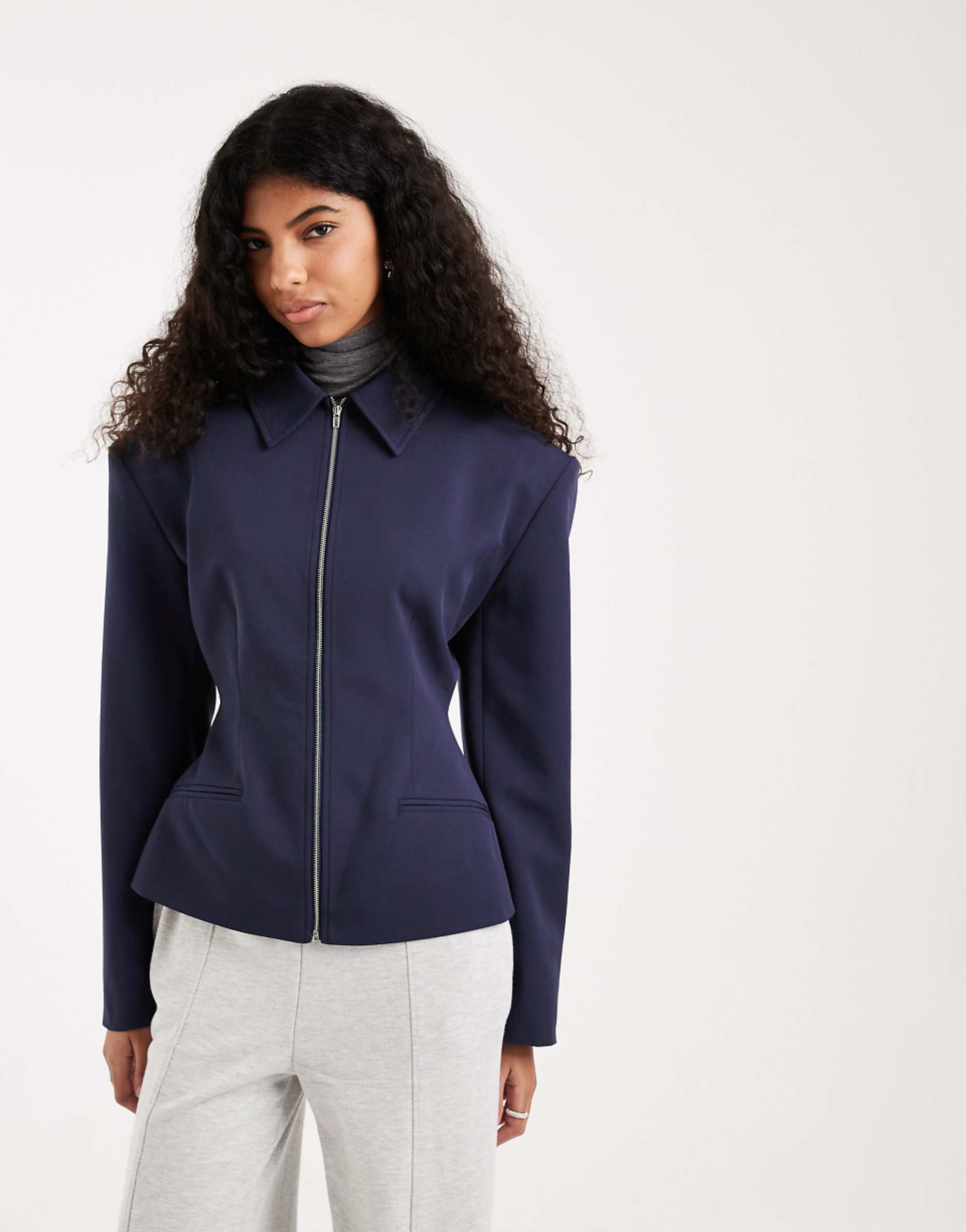 Asos Design 海軍藍拉鍊束帶西裝外套
