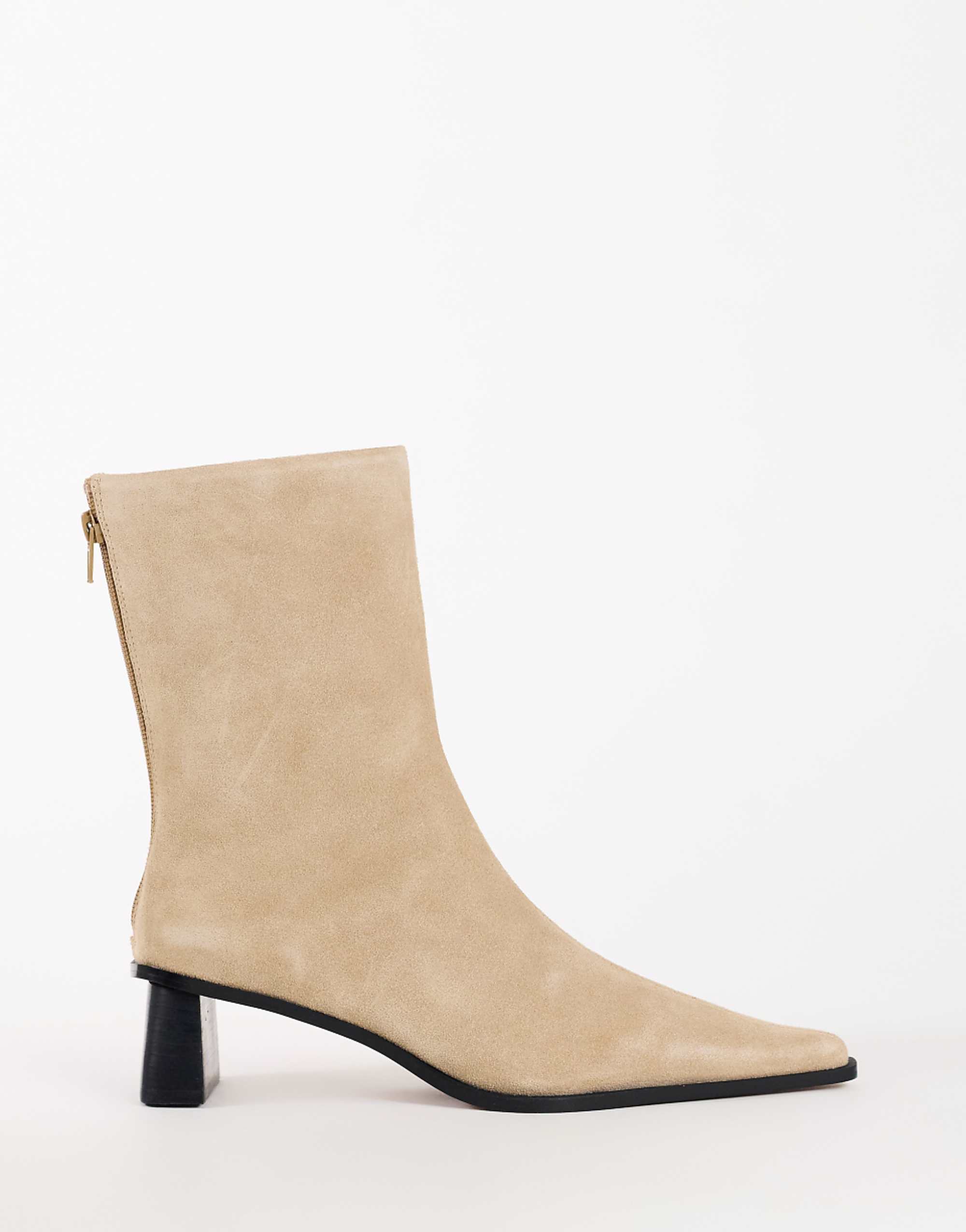 Topshop Penny Real 絨面革粗跟尖頭踝靴 灰褐色