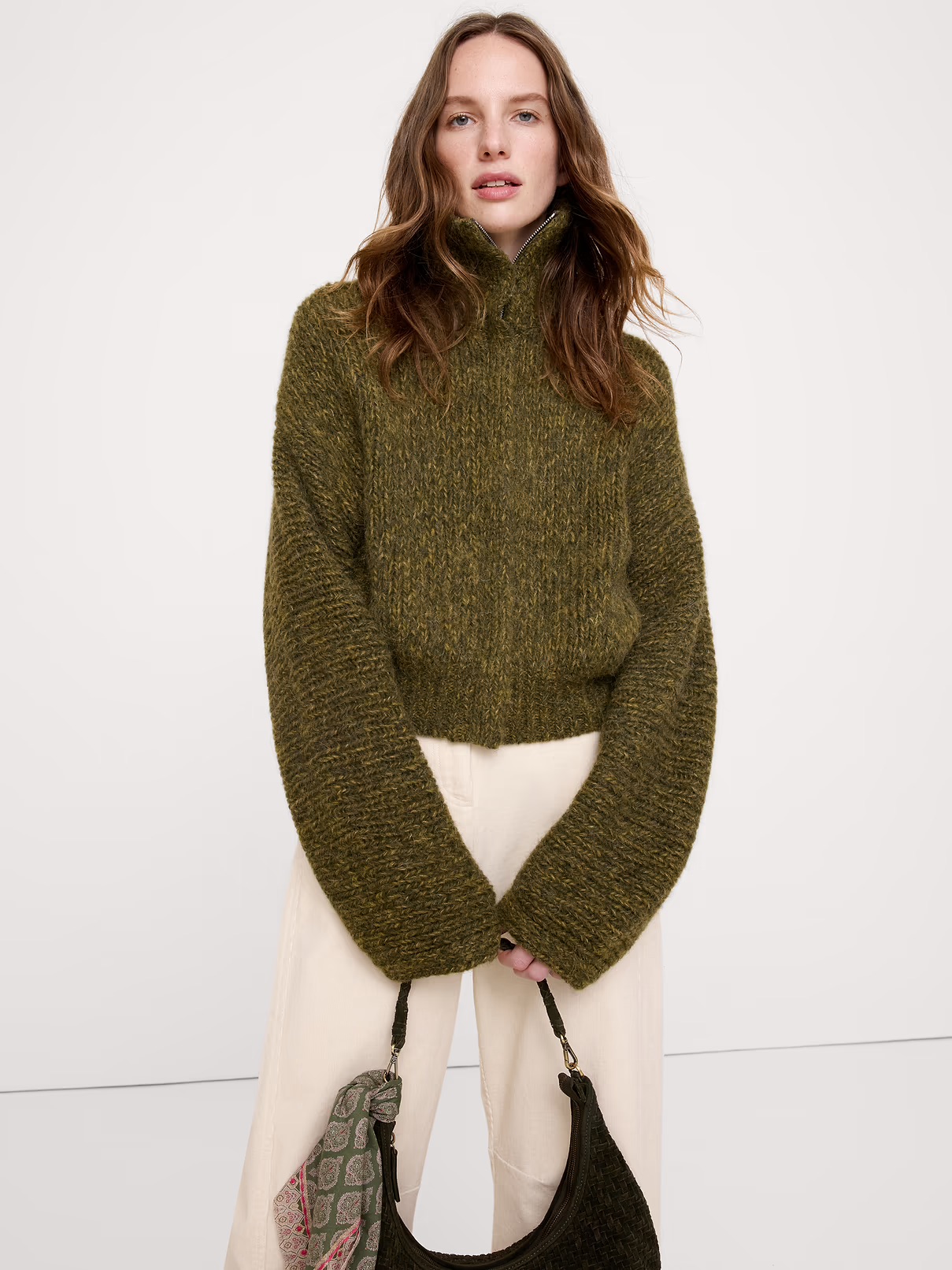 Banana Republic，雙色羊駝毛羊毛漏斗領開襟衫
