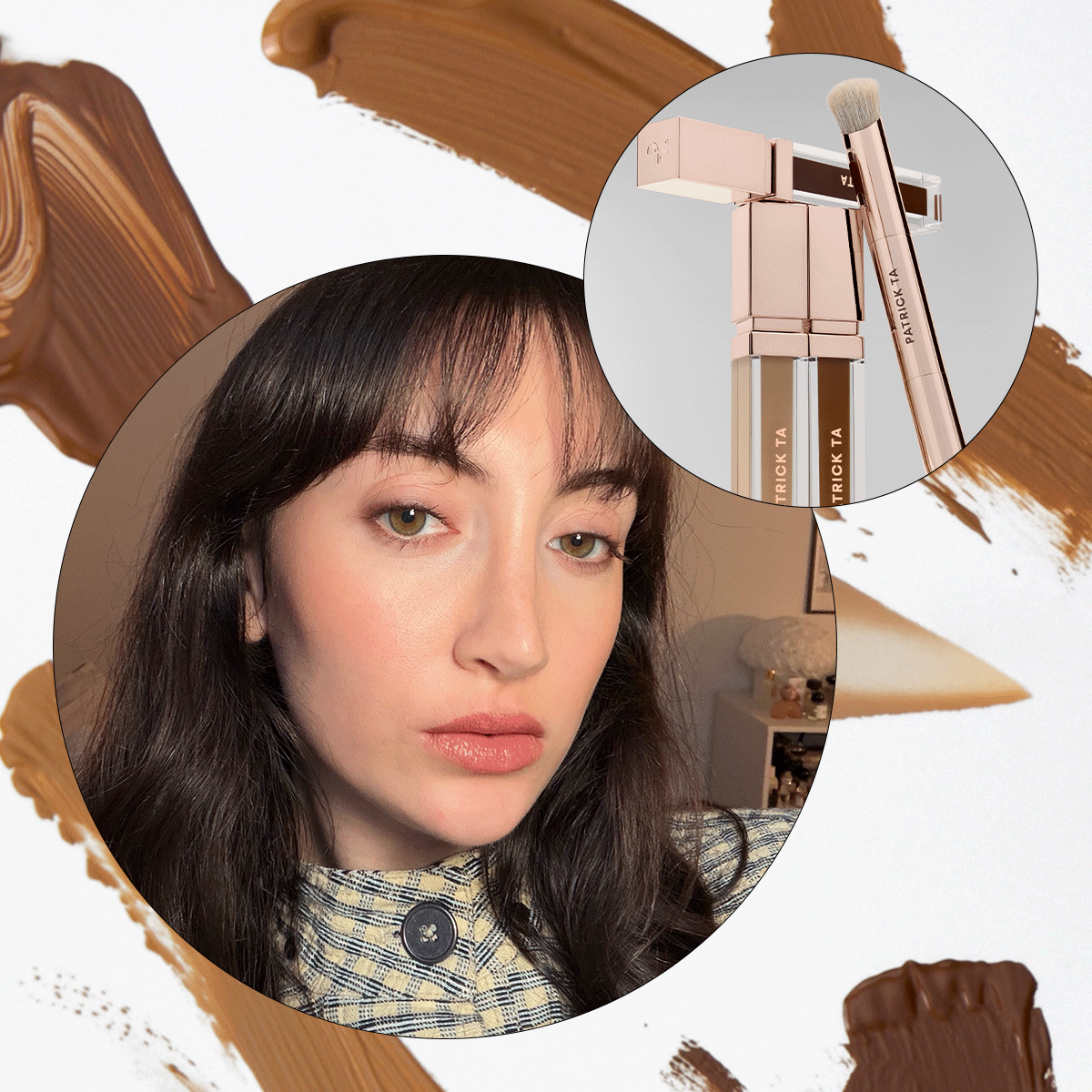 Who What Wear 副美容編輯 Alyssa Brascia 嘗試穿著 Patrick Ta Major Skin Soft Blur Brightening Hydrating Concealer 的圖像拼貼。